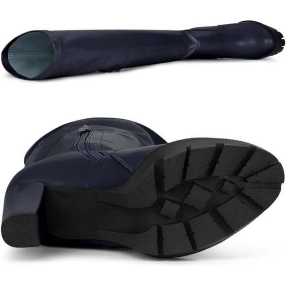 Women's Navy Blue Platform Boots Chunky Heel Over Knee High Rounded Toe Boots - Picture 5 of 5